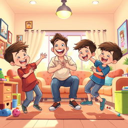 A vibrant cartoon-style illustration of a happy family inside a cozy house