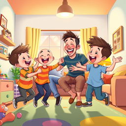 A vibrant cartoon-style illustration of a happy family inside a cozy house