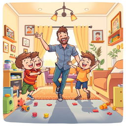 A vibrant cartoon-style illustration of a happy family inside a cozy house