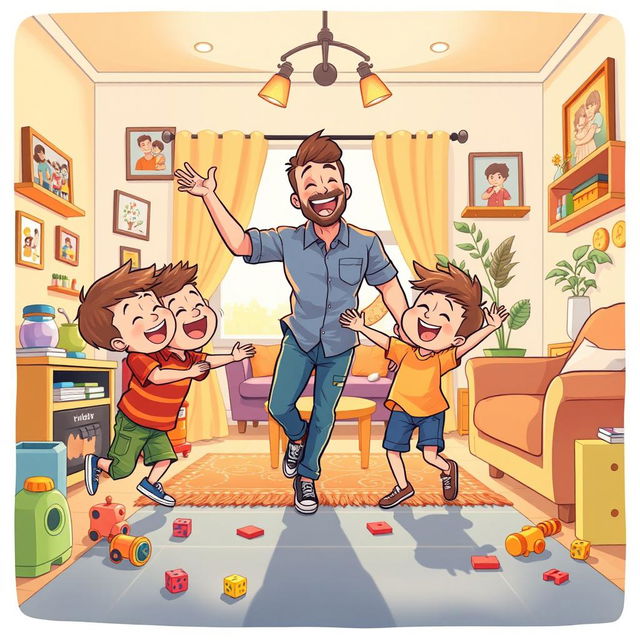 A vibrant cartoon-style illustration of a happy family inside a cozy house