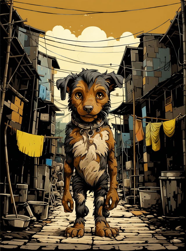 A high-quality digital art image of a resilient street dog in a slum setting