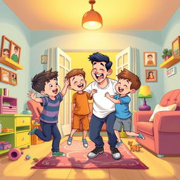 A vibrant cartoon-style illustration of a happy family inside a cozy house