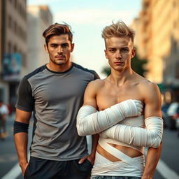 Two guys standing together: one is a tall, strong brunette with a confident posture, wearing casual athletic clothing