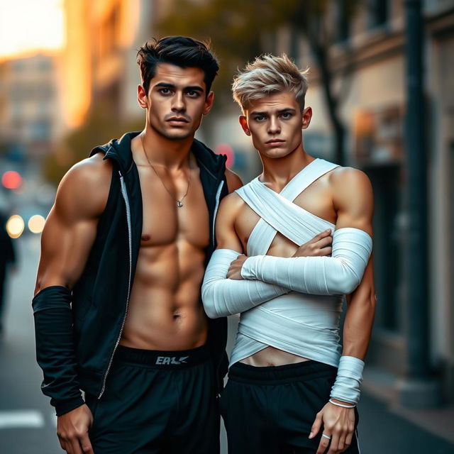 Two guys standing together: one is a tall, strong brunette with a confident posture, wearing casual athletic clothing