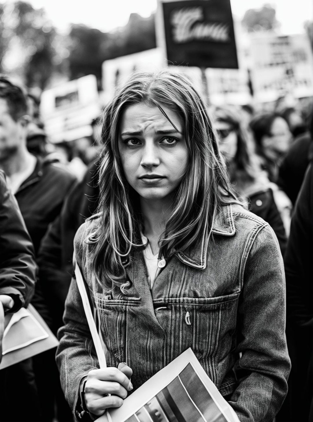 A high-definition photojournalism-style photograph of a young woman participating in a peaceful demonstration