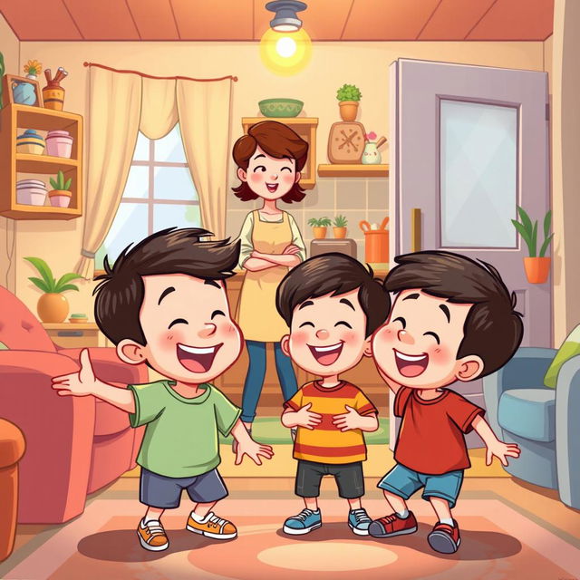 A heartwarming cartoon scene depicting two young sons joyfully playing with their father inside a cozy, inviting house