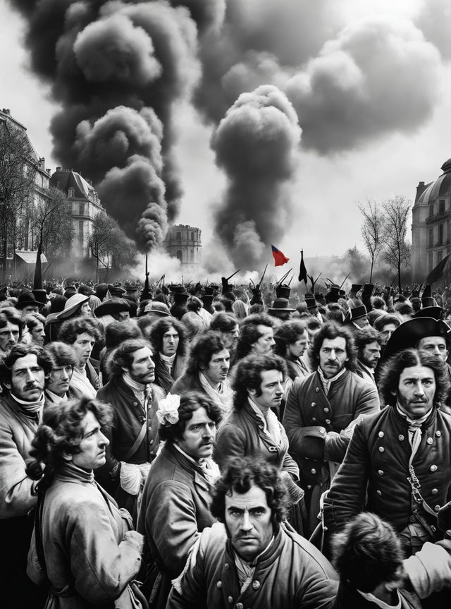 A black and white, high-quality photojournalism image depicting the French Revolution