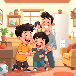 A heartwarming cartoon scene depicting two young sons joyfully playing with their father inside a cozy, inviting house