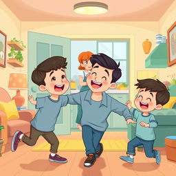 A heartwarming cartoon scene depicting two young sons joyfully playing with their father inside a cozy, inviting house