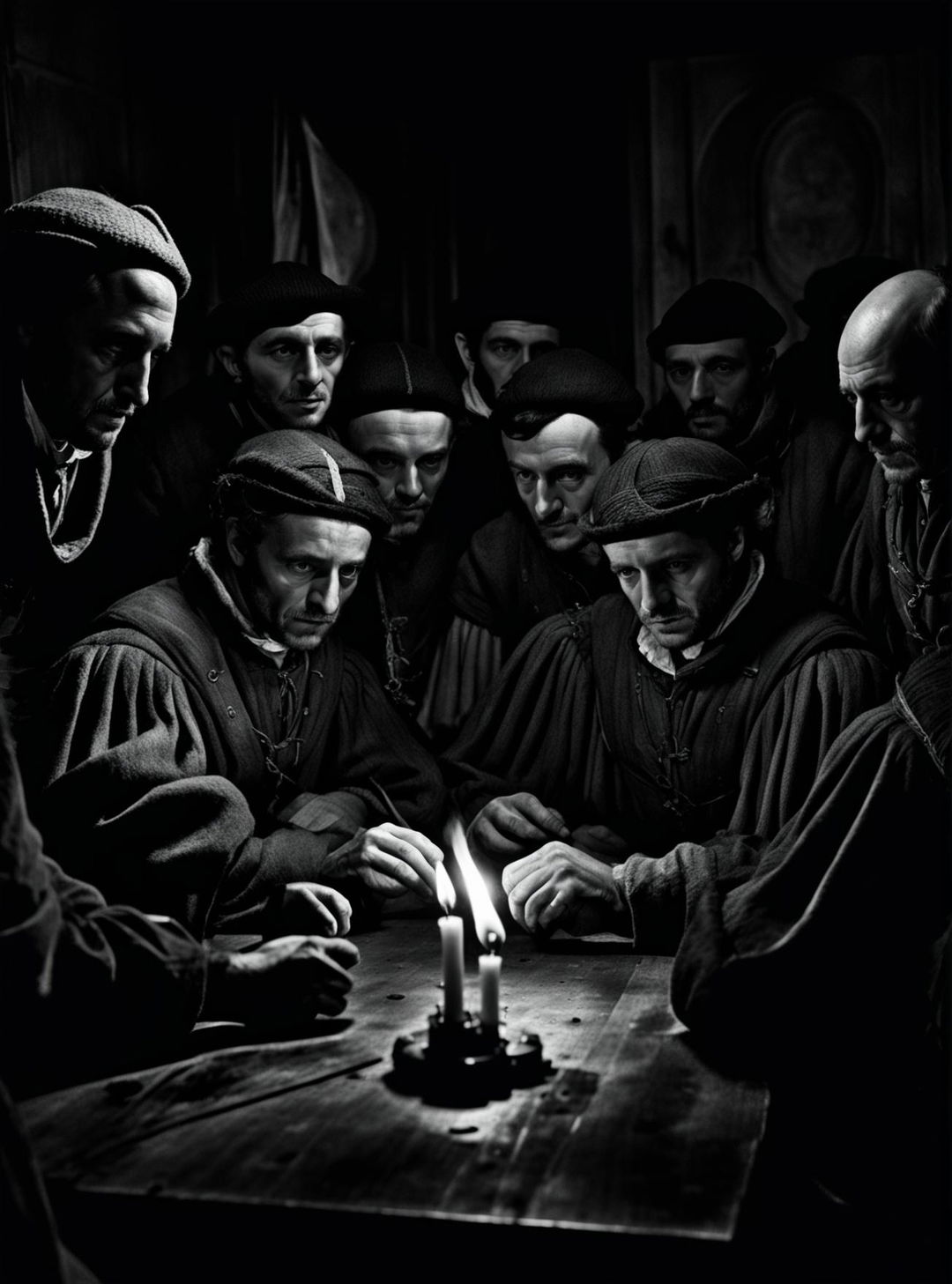 A black and white photojournalism image depicting a group of French Huguenots in a clandestine meeting during the 16th century