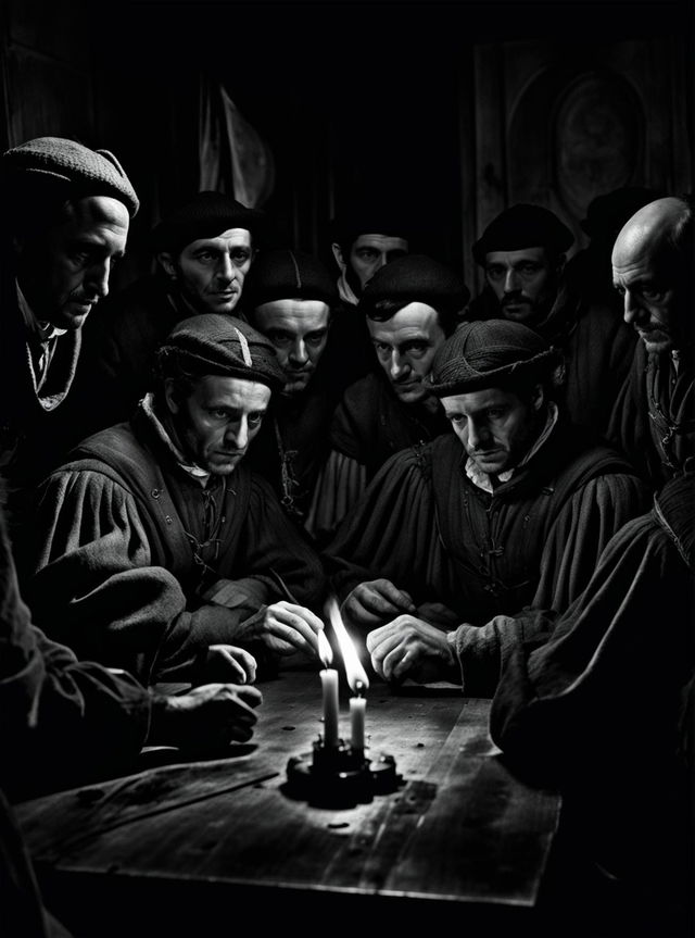 A black and white photojournalism image depicting a group of French Huguenots in a clandestine meeting during the 16th century