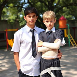 Two schoolboys standing together: one is a tall, strong brunette with a confident stance, wearing a school uniform with a crisp white shirt and tie