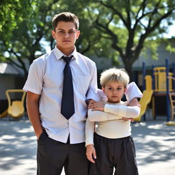 Two schoolboys standing together: one is a tall, strong brunette with a confident stance, wearing a school uniform with a crisp white shirt and tie