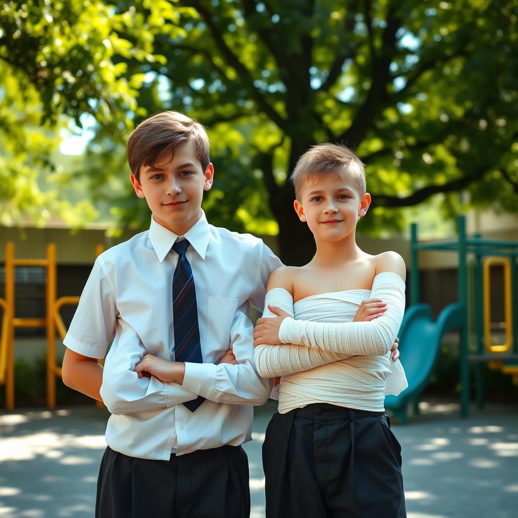 Two schoolboys standing together: one is a tall, strong brunette with a confident stance, wearing a school uniform with a crisp white shirt and tie