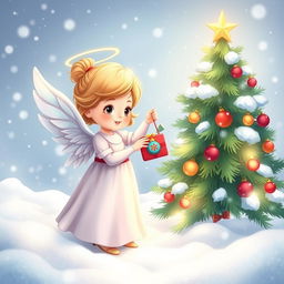 A cartoon illustration of a beautiful and elegant little angel standing next to a New Year tree, delicately hanging a colorful New Year's toy on the tree