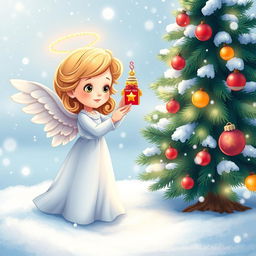 A cartoon illustration of a beautiful and elegant little angel standing next to a New Year tree, delicately hanging a colorful New Year's toy on the tree