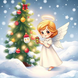 A cartoon illustration of a beautiful and elegant little angel standing next to a New Year tree, delicately hanging a colorful New Year's toy on the tree