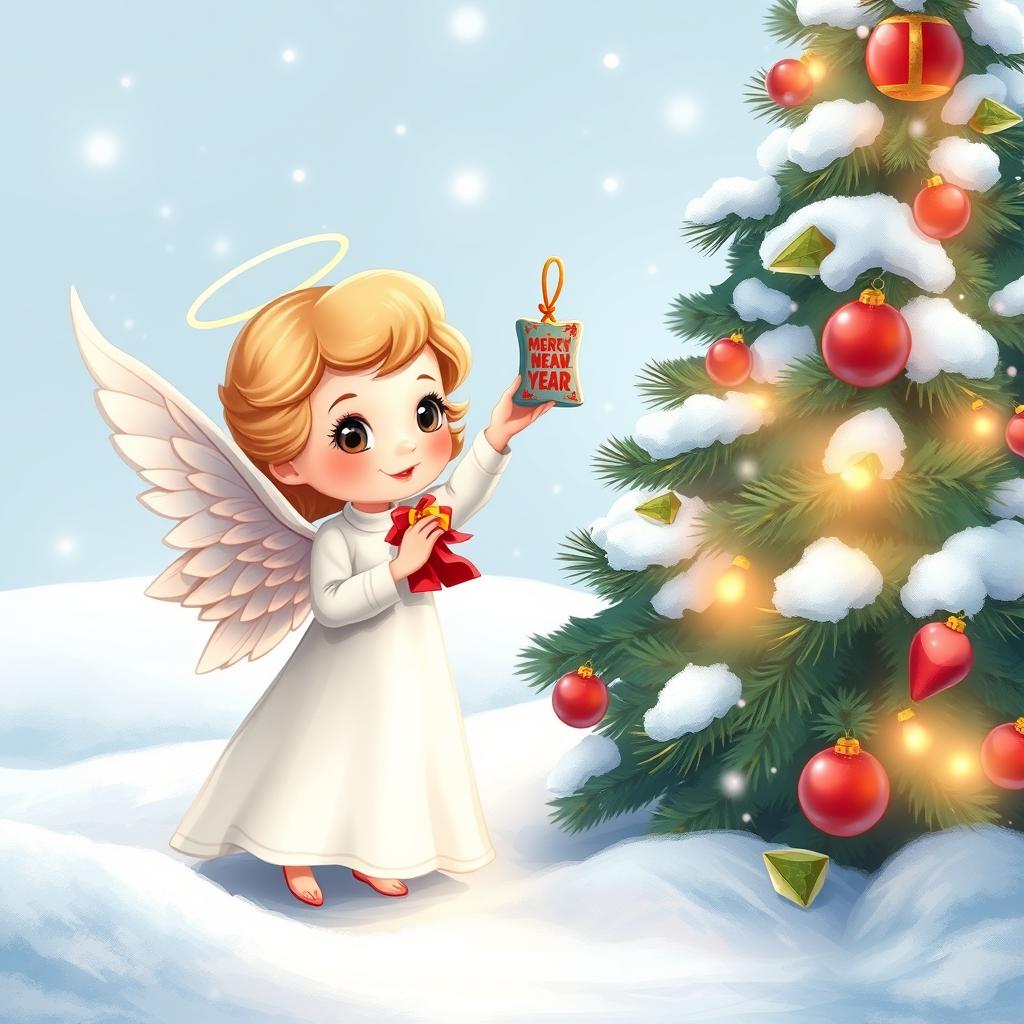 A cartoon illustration of a beautiful and elegant little angel standing next to a New Year tree, delicately hanging a colorful New Year's toy on the tree