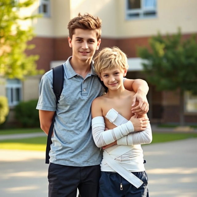 Two 18-year-old schoolboys standing together in an embrace: one is a tall, strong brunette with an athletic build, wearing a casual school uniform