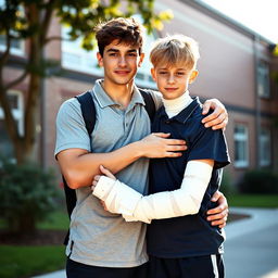 Two 18-year-old schoolboys standing together in an embrace: one is a tall, strong brunette with an athletic build, wearing a casual school uniform