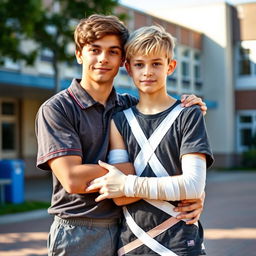 Two 18-year-old schoolboys standing together in an embrace: one is a tall, strong brunette with an athletic build, wearing a casual school uniform