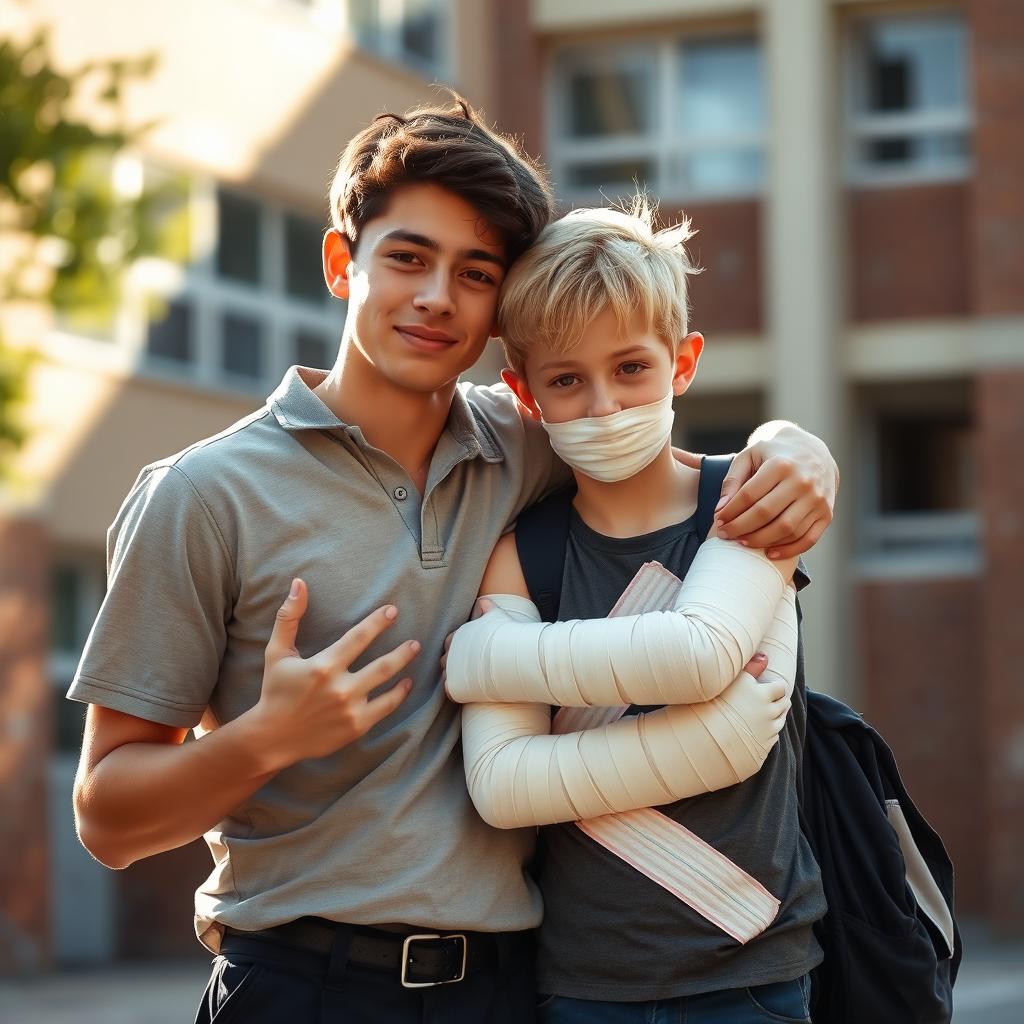 Two 18-year-old schoolboys standing together in an embrace: one is a tall, strong brunette with an athletic build, wearing a casual school uniform