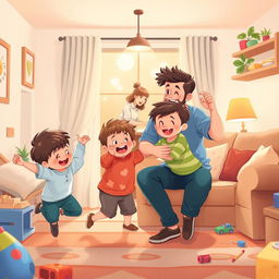 A warm, heartwarming scene inside a cozy living room