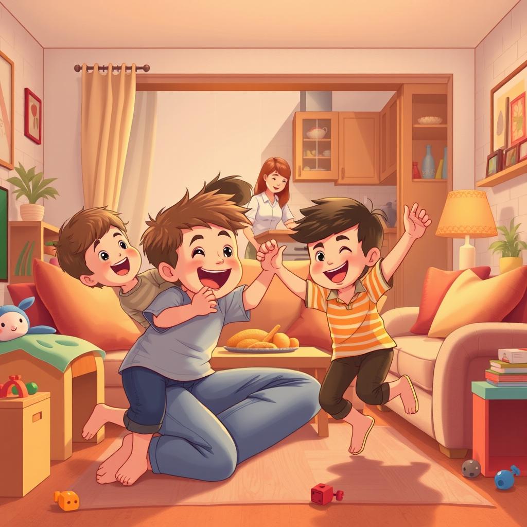 A warm, heartwarming scene inside a cozy living room