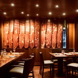 A steakhouse interior with warm, inviting lights, tasteful furniture, and a stunning feature wall with a transparent fridge showcasing an array of high-quality steaks hung for aging.