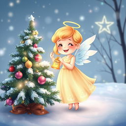 A beautiful and elegant little cartoon angel joyfully stands beside a sparkling New Year tree, delicately placing a bright New Year's toy on one of the branches