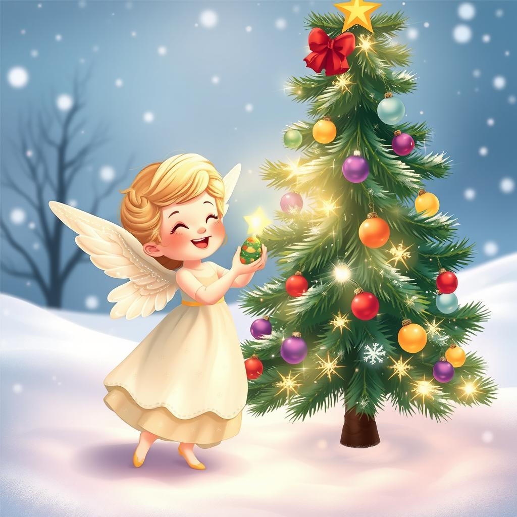 A beautiful and elegant little cartoon angel joyfully stands beside a sparkling New Year tree, delicately placing a bright New Year's toy on one of the branches