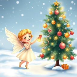 A beautiful and elegant little cartoon angel joyfully stands beside a sparkling New Year tree, delicately placing a bright New Year's toy on one of the branches