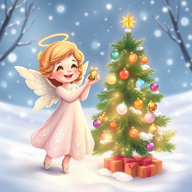 A beautiful and elegant little cartoon angel joyfully stands beside a sparkling New Year tree, delicately placing a bright New Year's toy on one of the branches