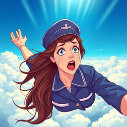 A beautiful stewardess with long flowing hair is illustrated falling from the sky, her face showing a scared expression with tears streaming down her cheeks
