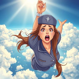 A beautiful stewardess with long flowing hair is illustrated falling from the sky, her face showing a scared expression with tears streaming down her cheeks