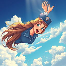 A beautiful stewardess with long flowing hair is illustrated falling from the sky, her face showing a scared expression with tears streaming down her cheeks