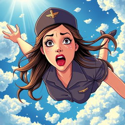 A beautiful stewardess with long flowing hair is illustrated falling from the sky, her face showing a scared expression with tears streaming down her cheeks