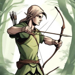 A depiction of a wood elf archer, poised and ready, his eyes focused and sharp as the arrow nocked in his bow.