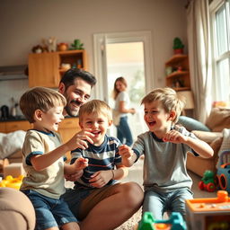 A warm and lively scene inside a cozy family home, featuring two young sons joyfully playing with their father in the living room