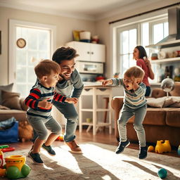A warm and lively scene inside a cozy family home, featuring two young sons joyfully playing with their father in the living room