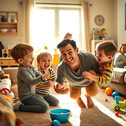 A warm and lively scene inside a cozy family home, featuring two young sons joyfully playing with their father in the living room