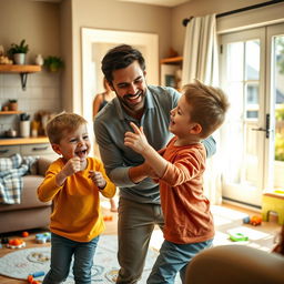 A warm and lively scene inside a cozy family home, featuring two young sons joyfully playing with their father in the living room