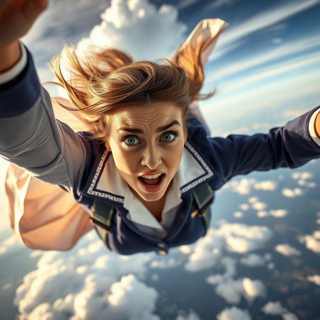 A stunning stewardess falling from the sky, her beautiful uniform billowing around her