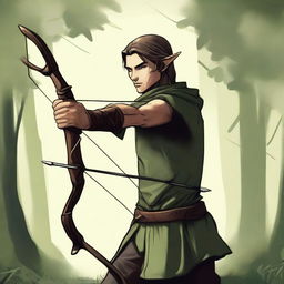 A depiction of a wood elf archer, poised and ready, his eyes focused and sharp as the arrow nocked in his bow.