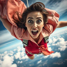 A stunning stewardess falling from the sky, her beautiful uniform billowing around her