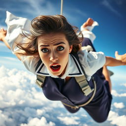 A stunning stewardess falling from the sky, her beautiful uniform billowing around her
