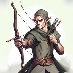 A depiction of a wood elf archer, poised and ready, his eyes focused and sharp as the arrow nocked in his bow.