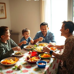 A joyful family sitting at a dining table, sharing a meal together