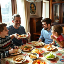 A joyful family sitting at a dining table, sharing a meal together