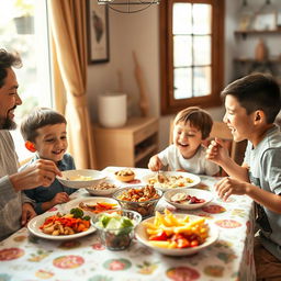 A joyful family sitting at a dining table, sharing a meal together